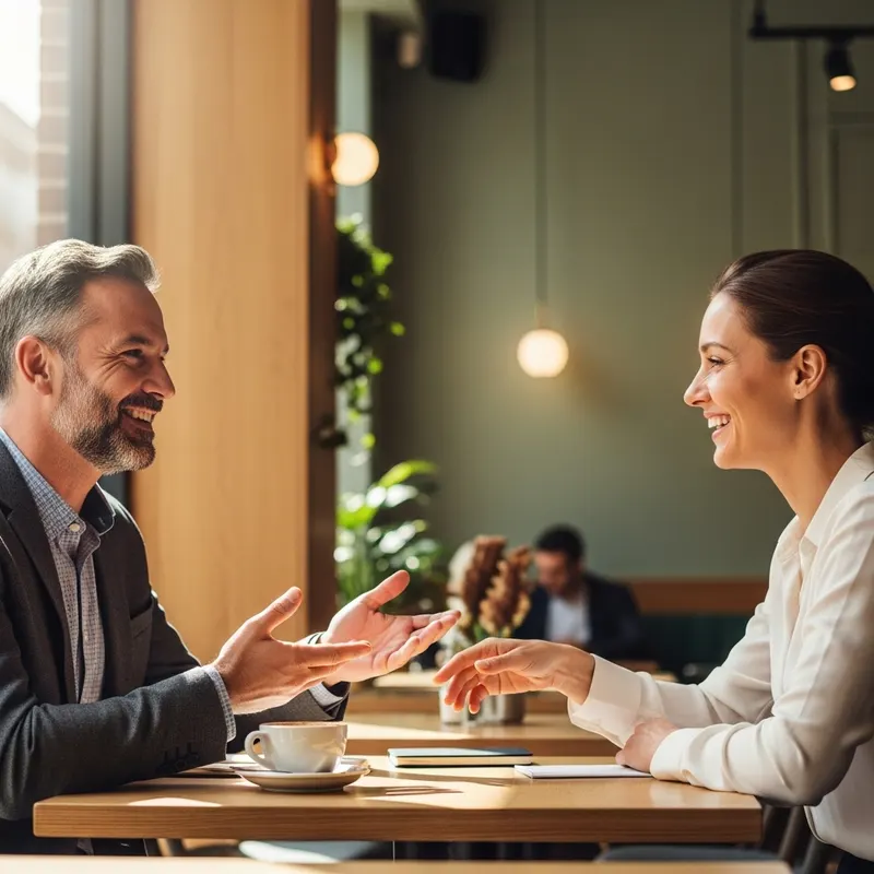 Two professionals meeting in café, smiling during discussion