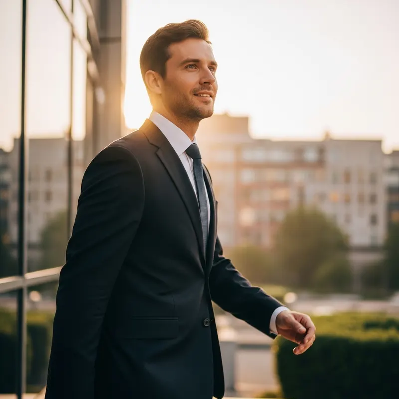 Confident professional walking outdoors into sunlight